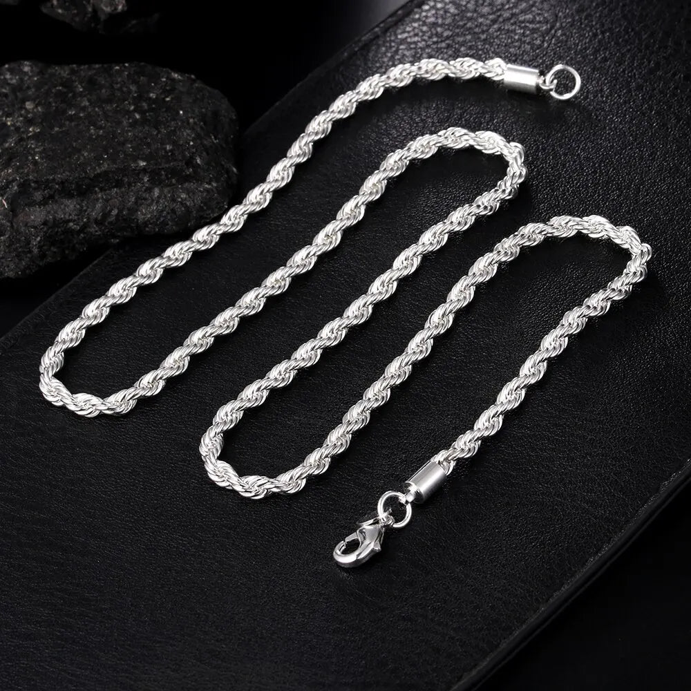 Silver Color 4mm Chain  Twisted Rope Necklace Bracelets  Jewelry Set