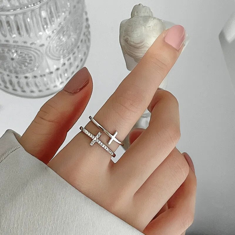 Mode dubbellager kors zirkonring för kvinnor guld silverfärg justerbara fingerringar Bling koreanska eleganta smycken present