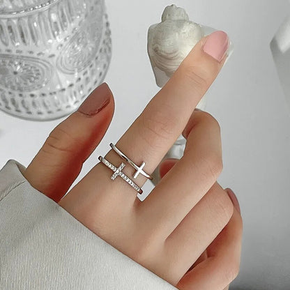 Fashion Double-Layer Cross Zircon Ring For Women Gold Silver Color Adjustable Finger Rings Bling Korean Elegant Jewelry Gift