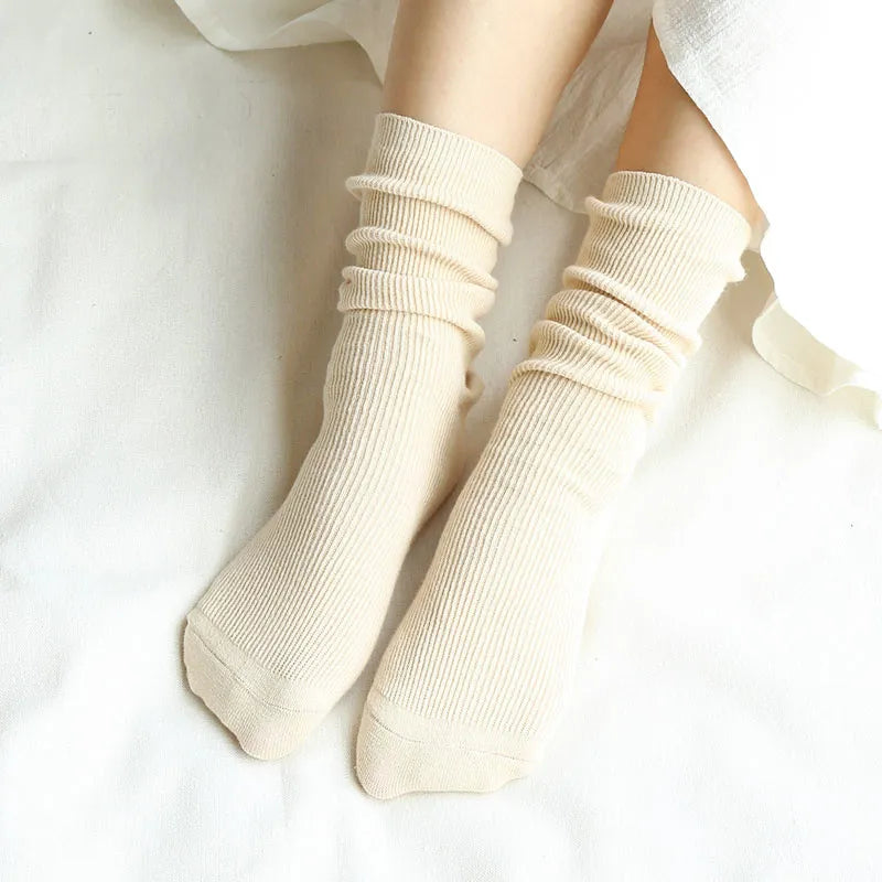 Japanese Korean High School Girls High Socks Loose Solid Colors Double Needles Knitting Cotton Long Socks For Women