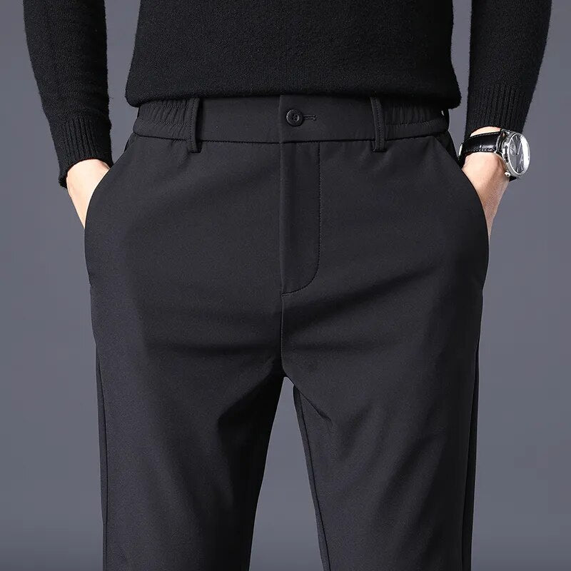 Autumn Winter Men's Casual Pants Business Stretch Slim Fit Elastic Waist Jogger Korean Classic Thick Black Gray Trousers Male