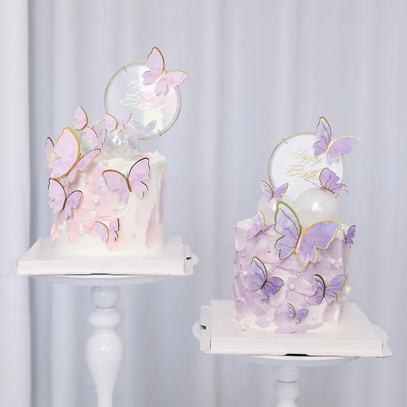 Purple Pink Butterfly Cake Decoration Happy Birthday Cake Topper Handmade Painted For Wedding Birthday Party Baby Shower