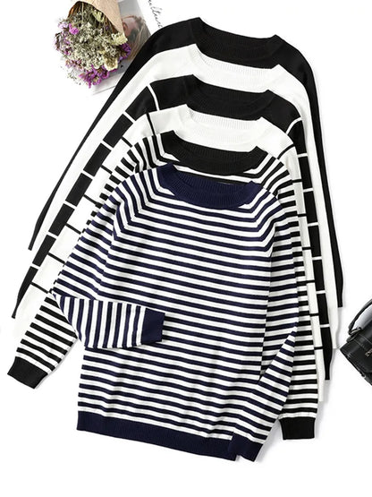 Autumn Winter Long Sleeve Striped Pullover Women Sweater Knitted Sweaters O-Neck Tops Korean Pull Femme Jumper Female White