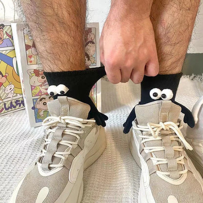 We.Fine Fashion Funny Creative Magnetic Attraction Hands Black White Cartoon Eyes Couples Socks 1 Pair Celebrity Couple Socks