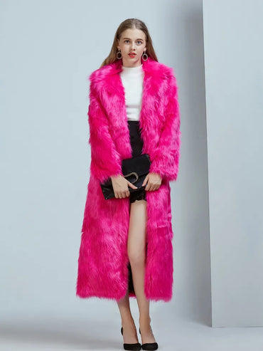 High Street Luxury Long Faux Fur Coat Women Vintage Slim Red Pink Faux fur Coats Fluffy Jacket Women Pele