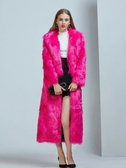 High Street Luxury Long Faux Fur Coat Women Vintage Slim Red Pink Faux fur Coats Fluffy Jacket Women Pele