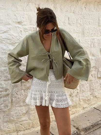 Linen Solid Lace Up Bow Shirts Women Casual Hollow Out V-neck Long Sleeve Blouses Spring Summer Fashion All-match Lady Tops