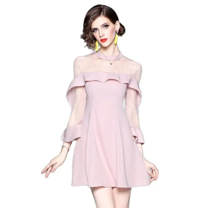 Spring and summer women's mesh splicing Ruffle Dress celebrity perspective sheath dresses butterfly sleeve cloth