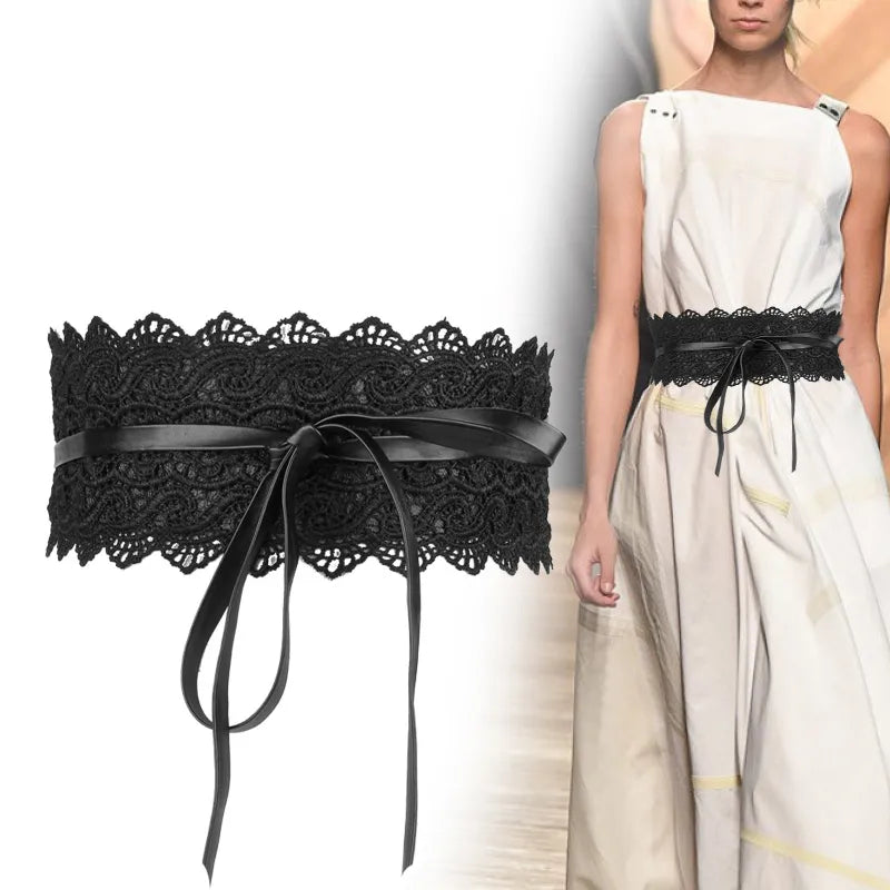 Ceinture Corset en dentelle avec nœud pour femmes, large, noir et blanc, auto-cravate, Obi, ceinture pour robe de mariée, nouvelle collection