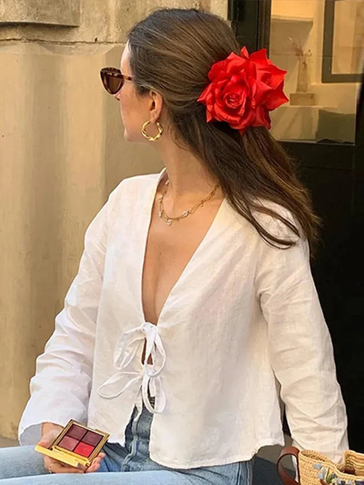 Elegant Bow Lace Up Shirt for Women Fashion V Neck Long Flare Sleeve Ladies Tops New Spring Female Loose Blouses Streetwear