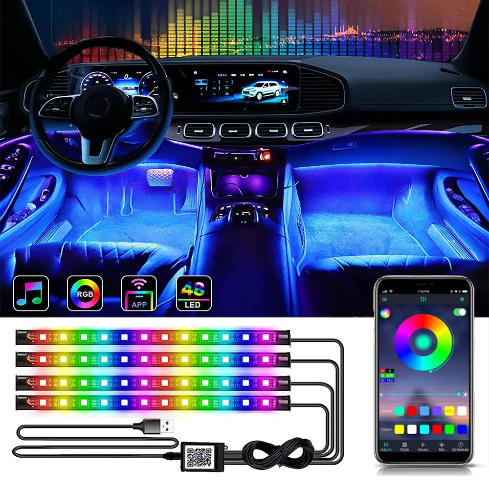 Neon 48 72 LED bilinteriör Ambient fotljus med USB trådlös fjärrkontroll Musikappkontroll Auto RGB Atmosphere Dekorativa lampor