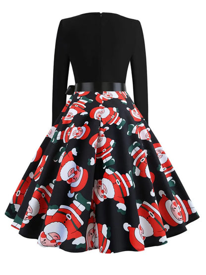 Winter Christmas Dresses Women 50S 60S Vintage Robe Swing Pinup Elegant Party Dress Long Sleeve Casual Print Black