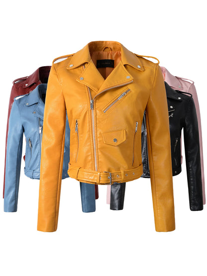 Winter Autumn Motorcycle leather jackets yellow leather jacket women leather coat  slim PU jacket Leather