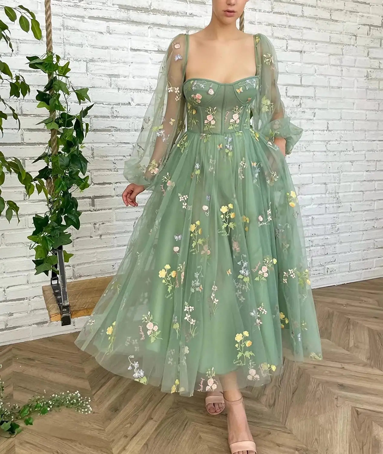 Romantic Vintage Green Prom Dress Princess Puff Long Sleeve Floral Embroidery Women Evening Dress Cocktail Girls Birthday Outfit