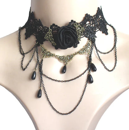 Collier gothique victorien en dentelle noire pour femmes et filles, style Boho, pompon en cristal, ras du cou en dentelle Sexy, Steampunk, Style Loli foncé, bijoux d'halloween