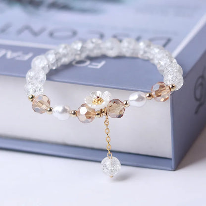 Fashion Flower Imitation Pearl Crystal Beads Bracelet For Women Elastic Adjustable Charm Bracelet Friendship Jewelry Accessories