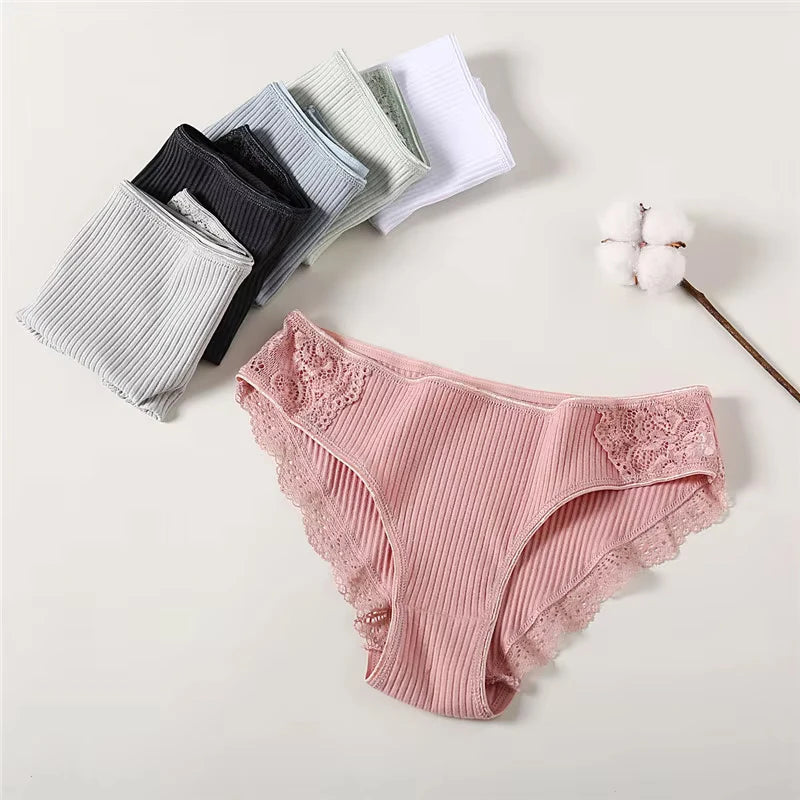 FINETOO 3Pcs/set Women Cotton Panties M-2XL Low-Rise Underwear Trendy Patchwork Lace Briefs Female Soft Underpants Lingerie