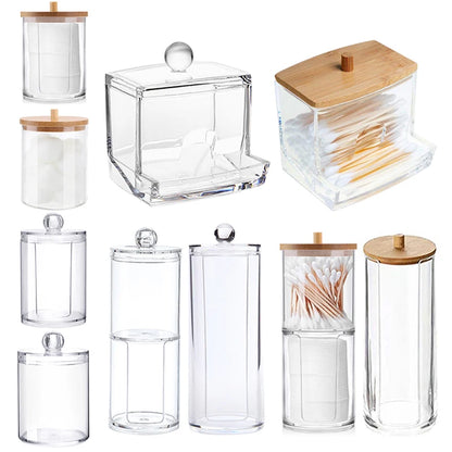 Acrylic Makeup Organizer Cotton Swabs Containerwith Bamboo Lid Cosmetic Transparent Box Cotton Pad Organizer Jewelry Storage Box