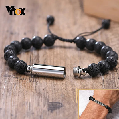 Vnox Men's Casual Lava Stone Beads Urn Bracelets for Ashes, Hollow Tube Cremation Keepsake Memorial Jewelry,Length Adjustable