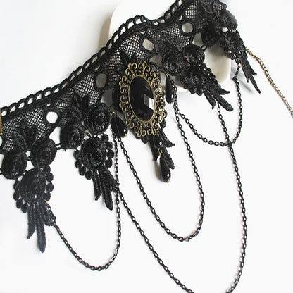 Collier gothique victorien en dentelle noire pour femmes et filles, style Boho, pompon en cristal, ras du cou en dentelle Sexy, Steampunk, Style Loli foncé, bijoux d'halloween