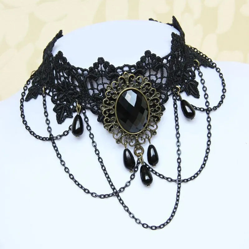 Collier gothique victorien en dentelle noire pour femmes et filles, style Boho, pompon en cristal, ras du cou en dentelle Sexy, Steampunk, Style Loli foncé, bijoux d'halloween