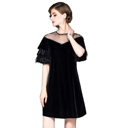 Autumn new women beaded mesh round neck velvet dress ostrich feather lotus leaf sleeve dresses