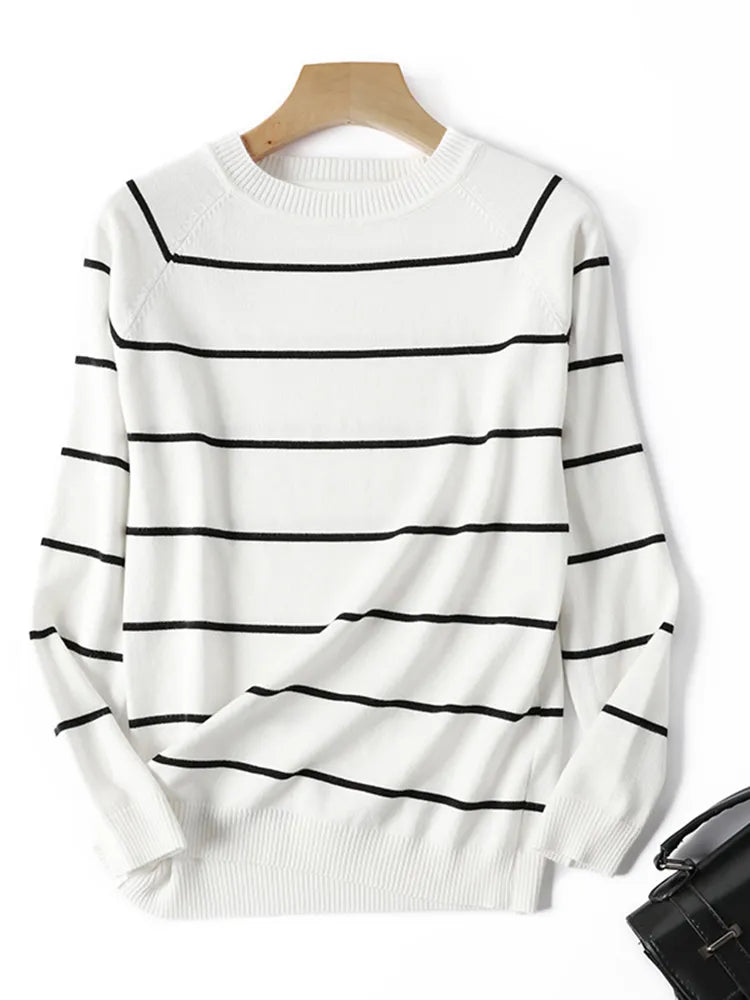 Autumn Winter Long Sleeve Striped Pullover Women Sweater Knitted Sweaters O-Neck Tops Korean Pull Femme Jumper Female White