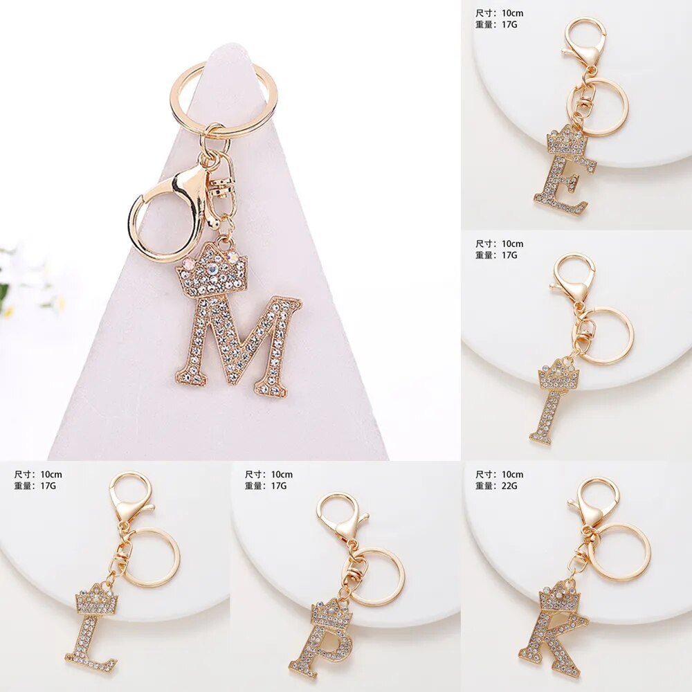 Porte-clés couronne de luxe en métal, 26 lettres, strass, initiales, pendentif de sac, breloques, accessoires de bricolage, cadeaux d'anniversaire