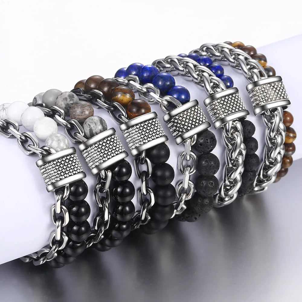 Men's Tiger Eye Stone Beaded Bracelet Stainless Steel Gunmetal Link Chain Yoga Bracelet Male Jewelry