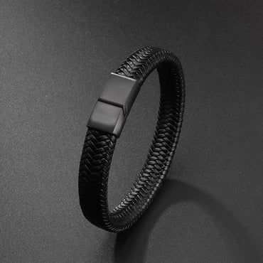 Simple Style Men's Handwoven Leather Bracelet Black High Quality Metal Buckle Fashionable Casual Wristband Gift for Husband