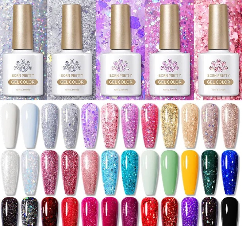 BORN PRETTY 10ml Glitter Soak Off Nail Gel Colorful Pink Purple Black White Nail Gel Polish Sequins Gel Nail Varnish Holo Gel