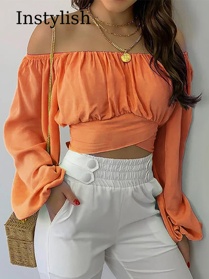 Women Sexy Off Shoulder Printing Blouses Chic and Elegant Lantern Long Sleeve Lace Up Bow Cropped Tops Casual Slim Shirts