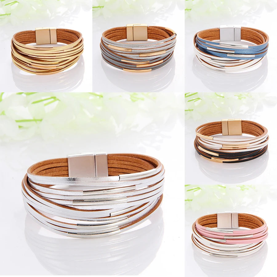 Multilayer Leather Women's Bracelet Metal Copper Tube Leather Wound Magnet Buckle Bracelet Exquisite Color Matching Jewelry