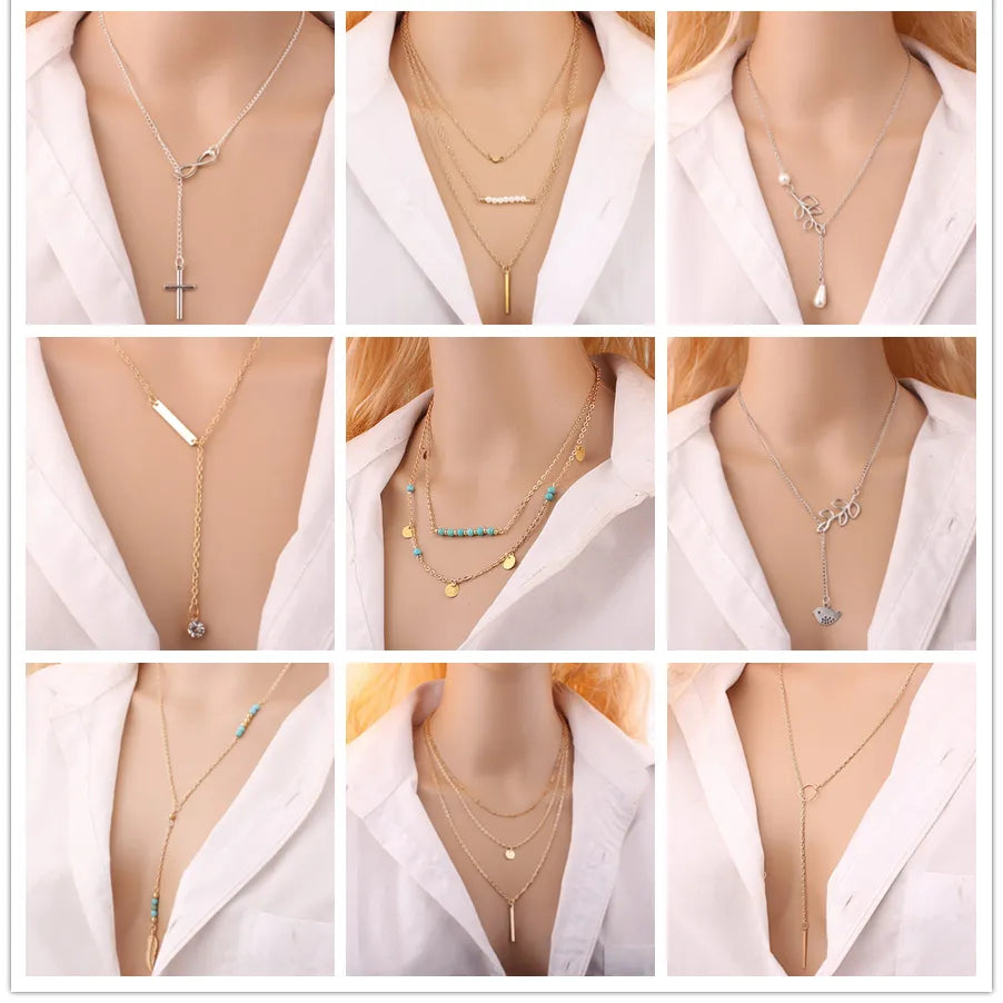 Inifity coeur hibou cristal croix feuille minimaliste clavicule pendentifs colliers pour femmes bijoux oiseau perle chaîne cou Collares