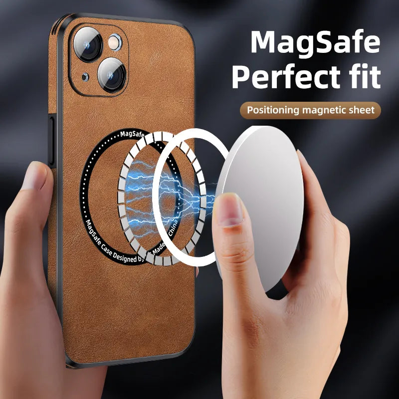 Magsafe – coque de Protection de lentille de luxe en cuir PU, étui de téléphone pour iPhone 14 13 12 11 15 Pro Max, housse de chargement magnétique sans fil Funda