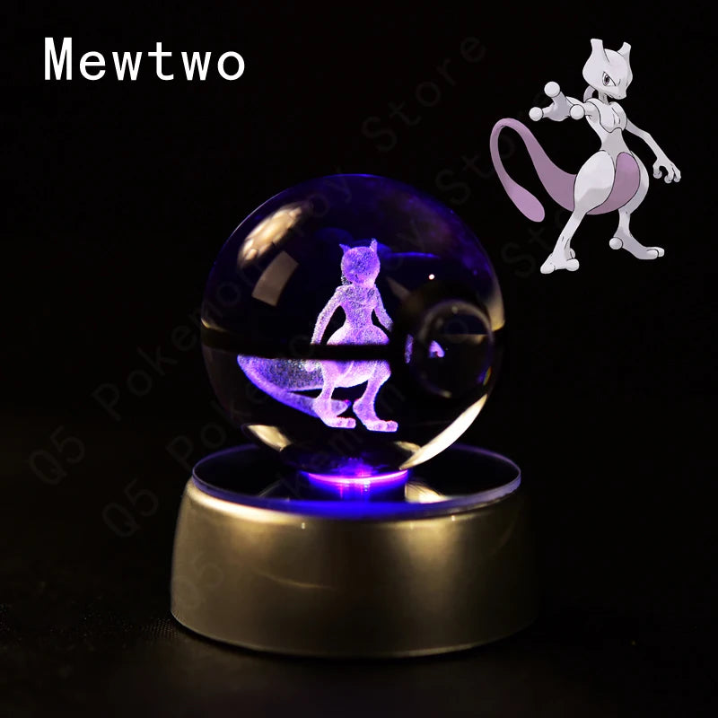 Pokemon 3D Crystal Ball Pikachu Gengar Mew Mewtwo Figurines Lamp Base Pokeball 3D Pokemon Glass Ball Statue Kids Birthday Gift