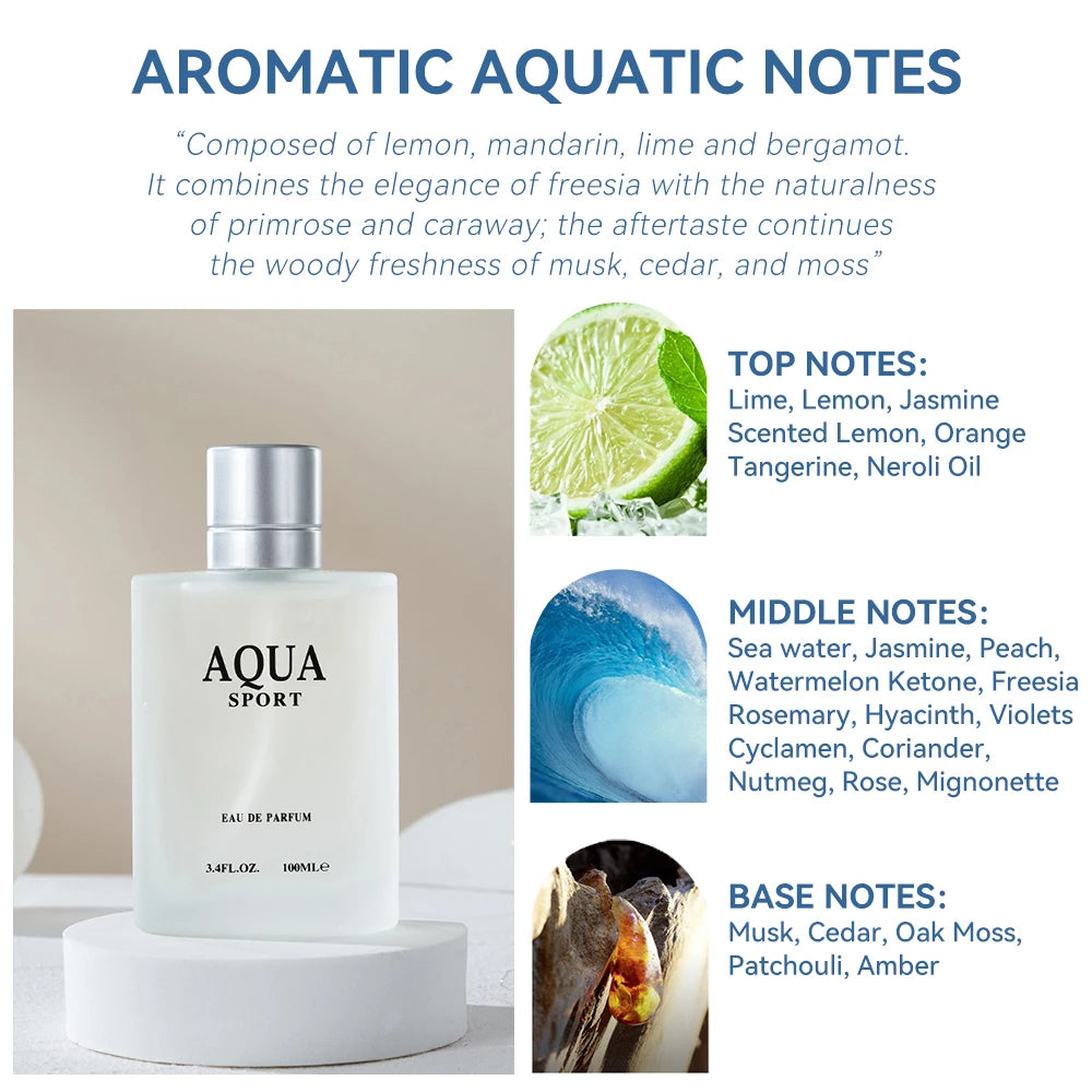 100ML 3.4FL.OZ AQUA Men's Perfume EDP, Aquatic Aromatic Eau de Parfum, Lime Marine Musk Fresh Ocean Fragrance Spray for Men