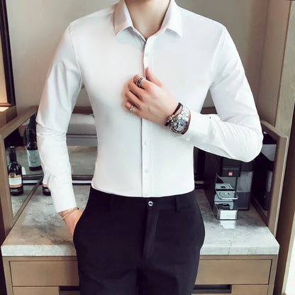 Plus Size 5XL-S Spring New Solid Business Formal Wear Long Sleeve Shirts For Men Clothing Slim Fit Casual Prom Tuxedo Dress