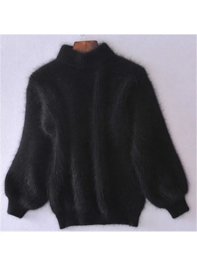 White Mohair Thicken Turtleneck Sweater Autumn Winter Sweet Fashion Lantern Sleeve Casual Solid Color Pullover pull femme