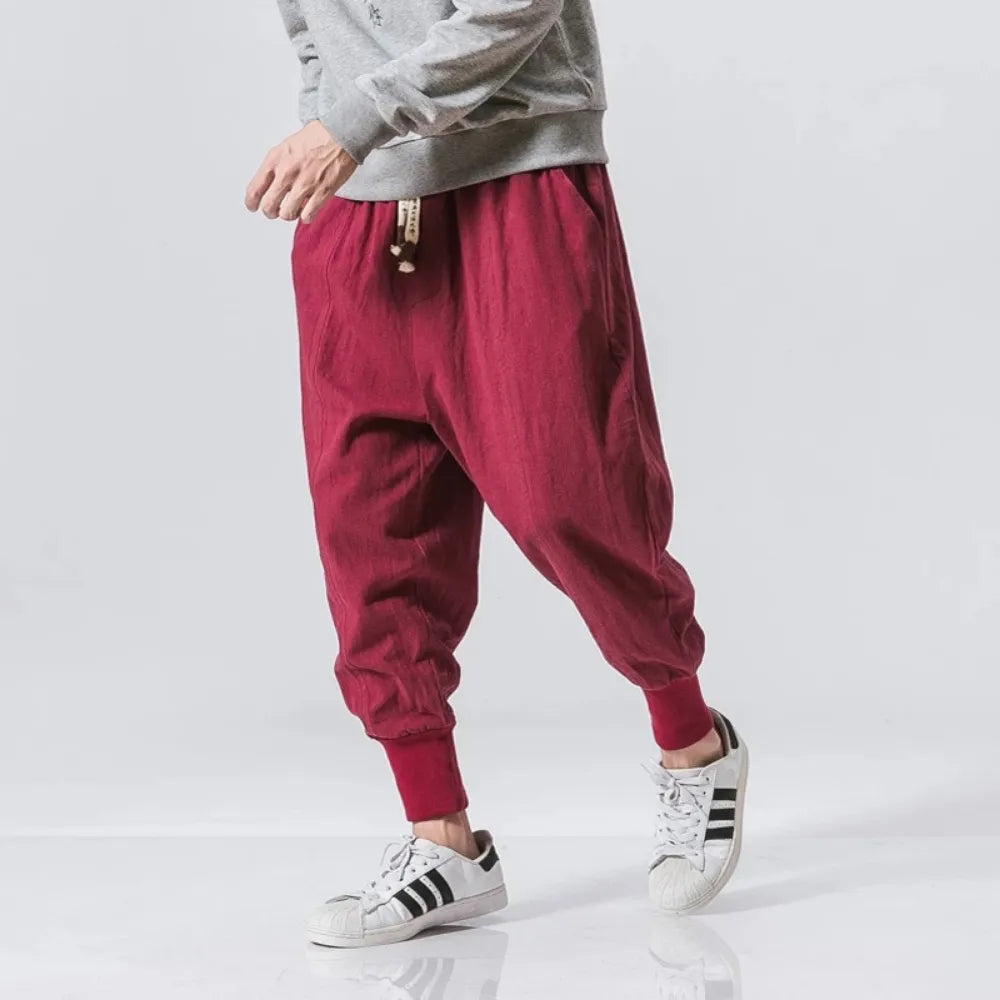 Cotton Linen Harem Pants Men Solid Elastic Waist Streetwear Joggers  New Baggy Drop-crotch Pants Casual Trousers Men