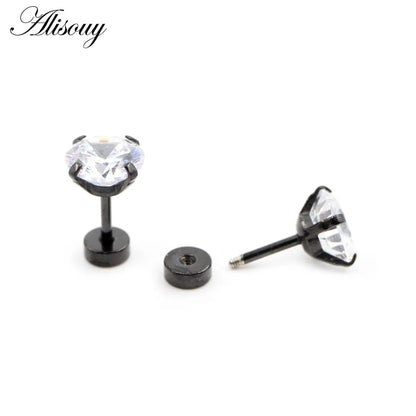 Alisouy 2pcs Stainless steel Unisex Women Men Round Crystal Zircon Ear Studs Earrings  4 Prong Tragus Cartilage Piercing Jewelry