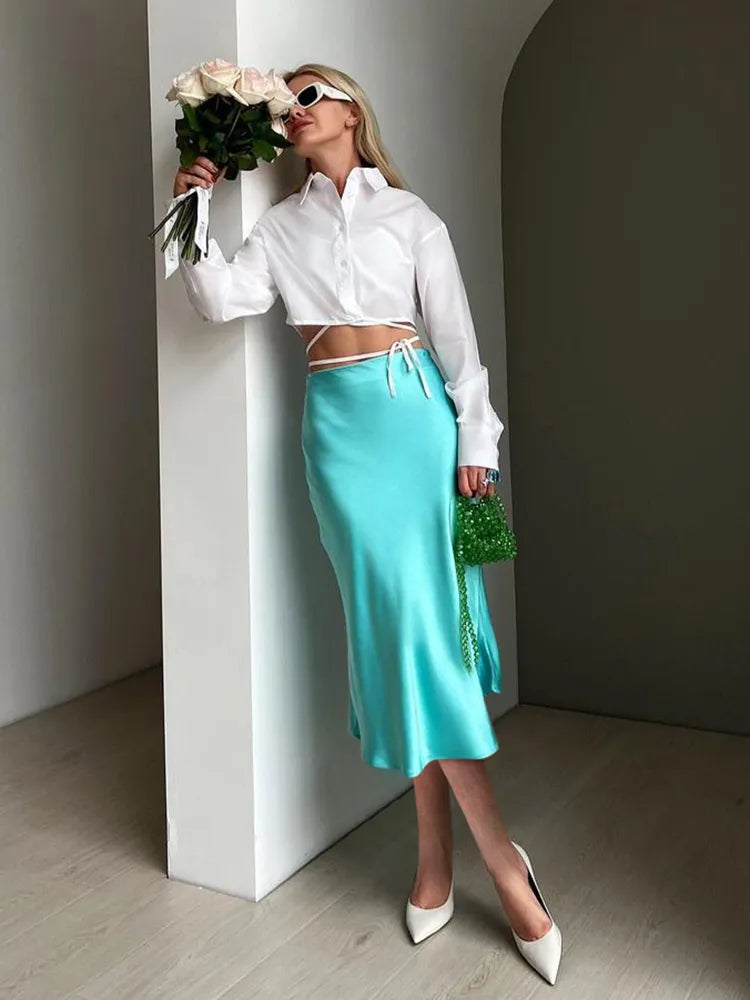 Solid Purple Satin Silk Skirt Women High Waisted Summer Long Skirt Elegant Ladies Office Skirts Midi Spring