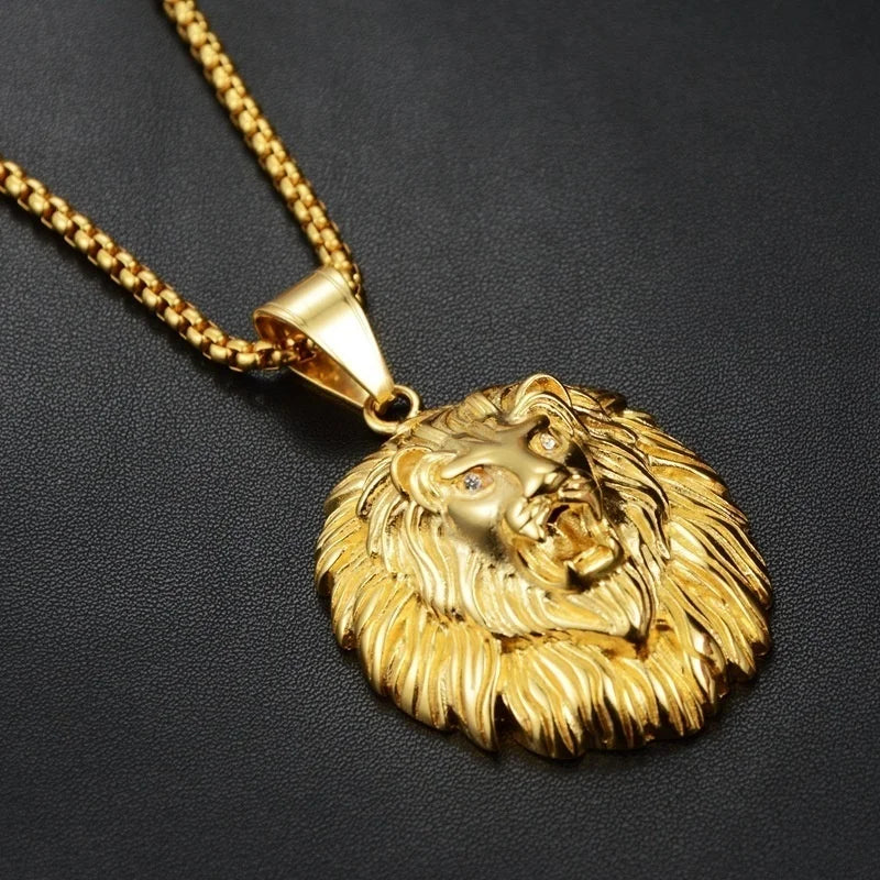 New Trendy Animal Long Hair Lion Head Pendant Necklace Men's Necklace Metal Sliding Inlaid Crystal Necklace Accessories Jewelry