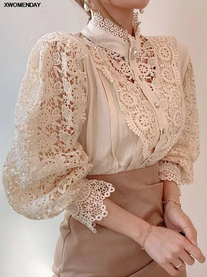 Women Chiffon Button Turtleneck Shirt Chic Elegant Floral Lace Fluffy Long Sleeve Top Fashion Hollow Oversize White Blouse