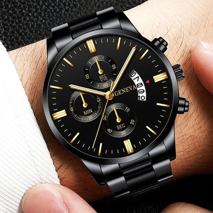 Ny Genève Fritid Business Herrklocka Mode Tre ögon Militär Quartz Watch Rostfritt stål Vattentät Gentleman Armbandsur