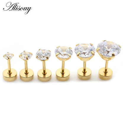 Alisouy 2 pièces en acier inoxydable unisexe femmes hommes rond cristal Zircon boucles d'oreilles 4 broches Tragus Cartilage Piercing bijoux