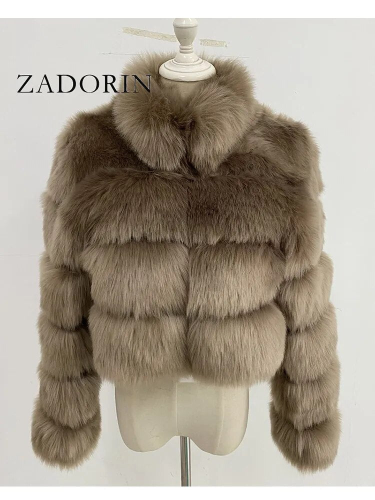 New Fashion Short Winter Faux Fox Fur Coat Women Luxury Stand Fur Collar Thick Warm Furry Jacket Faux Fur Cropped Top