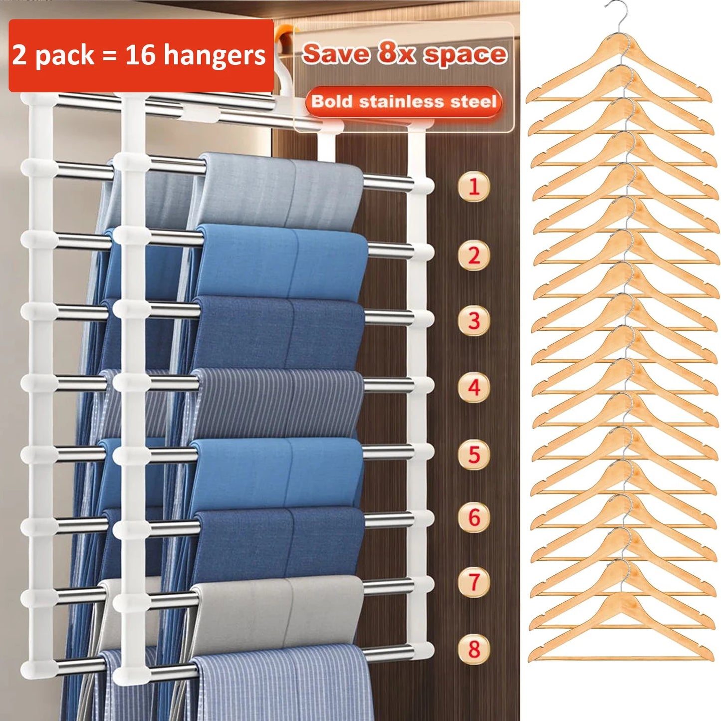 6/8 Layers Stainless Steel Trouser Hanger Magic Pants Rack Space Saving Clothes Organizer Foldable Wardrobe Hanger Storage