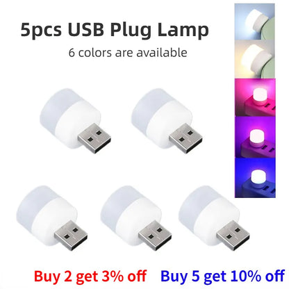 5st Mini-USB-kontaktlampa 5V Super Bright Ögonskydd Bokljus Dator Mobil Strömladdning USB Liten rund LED-nattlampa