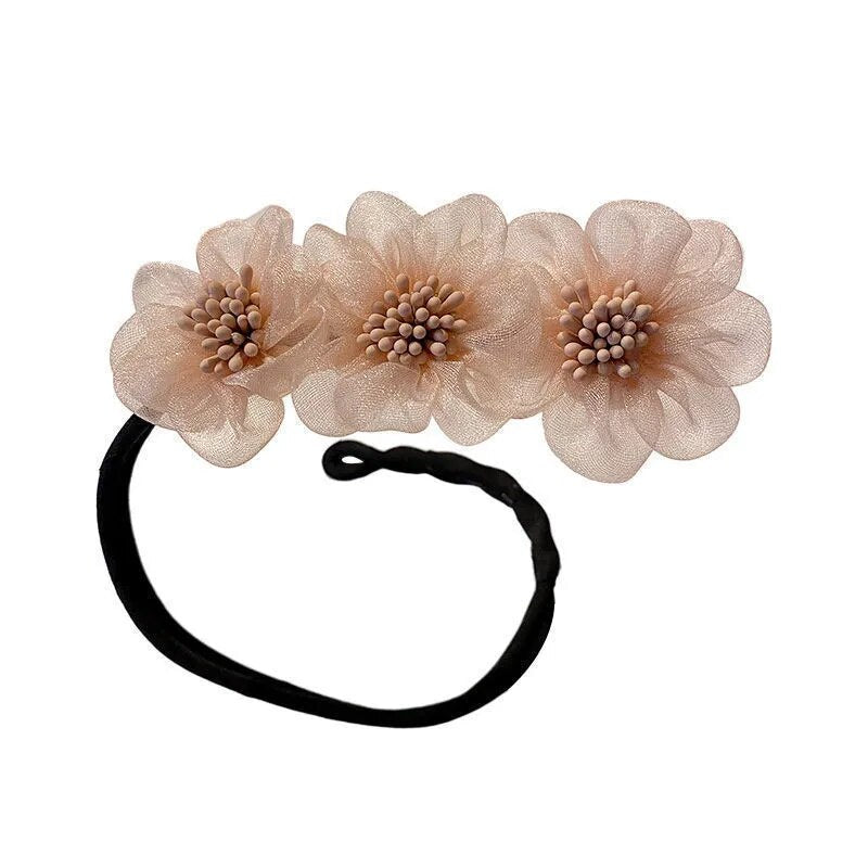 Women Elegant Bud Chiffon Flower Bun Maker Maruko Hairstyle Making Long Tool Sweet Hair Braide Rope Hairbands Korean Accessories